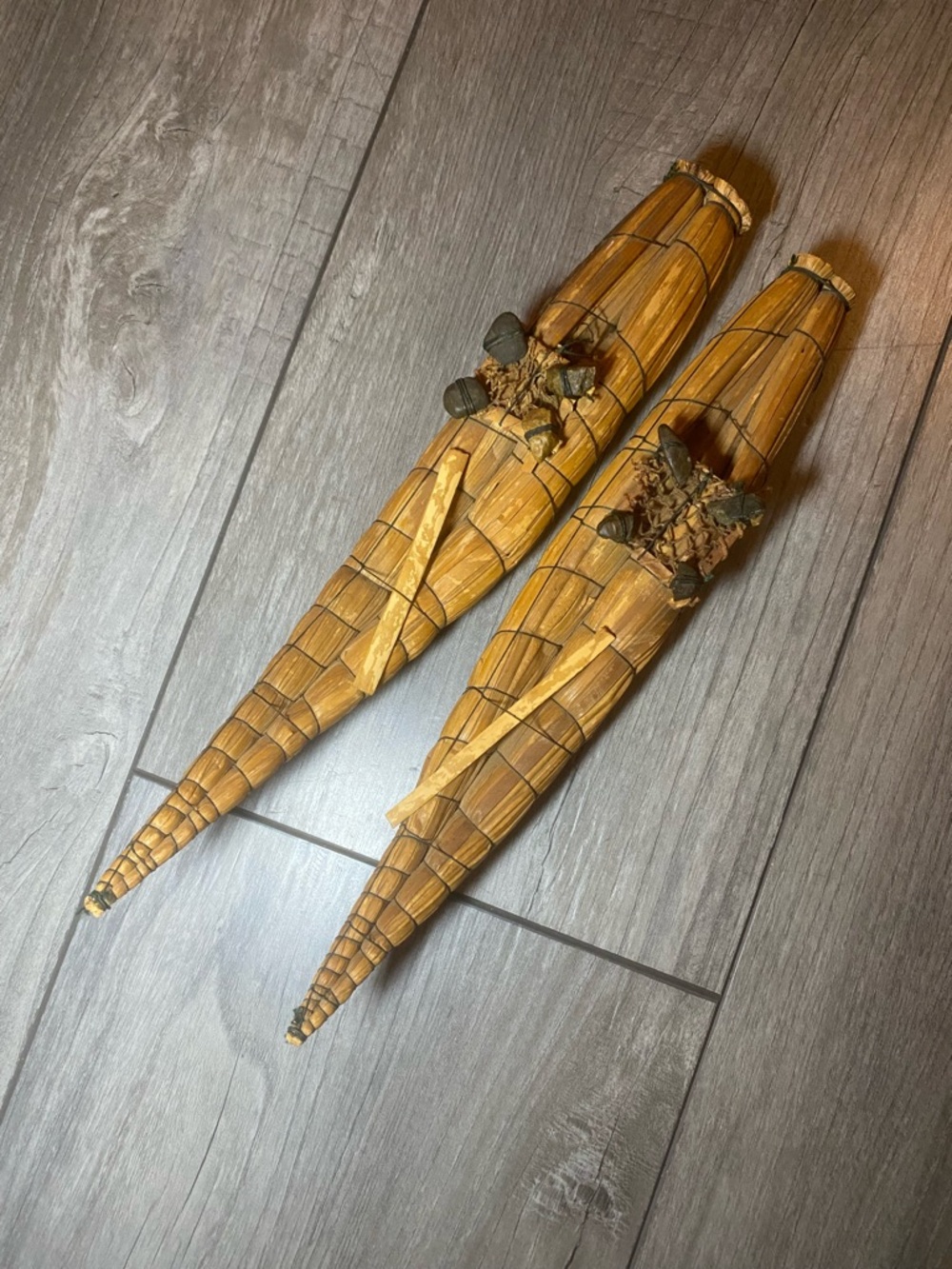 TRUE VINTAGE Pair of Handwoven Decorative Rattan Reed Boat Models South America